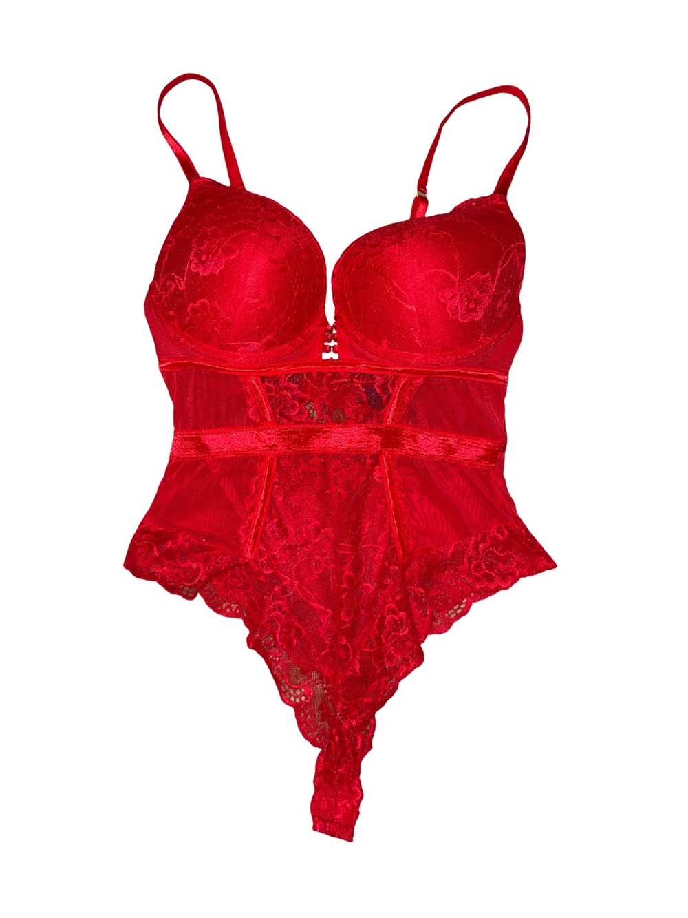 Rachel Roy Red Lace Bodysuit Teddy Size L Underwire Sheer Lingerie